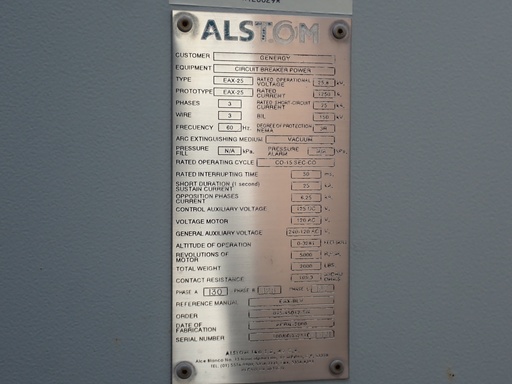 [046967] 1250 Amp 25 kV Alstom Vacuum Circuit Breaker, EAX-25, 25 kA Short, 125 VDC C&T