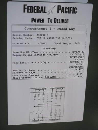 [046992] 600 Amp 17 kV Federal Pacific Underground Switch, PSE-12, Dead Front, 3 Fused One Non-Fused, Unused