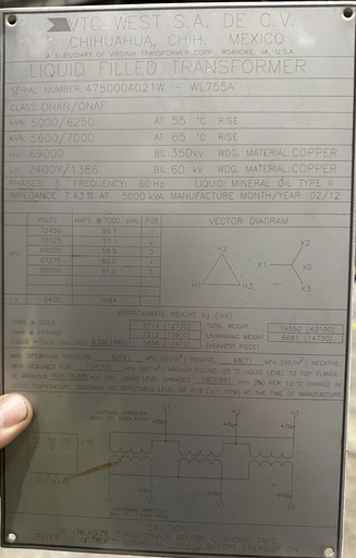 [047101] 5 MVA 69000D - 2400Y Virginia Substation Transformer