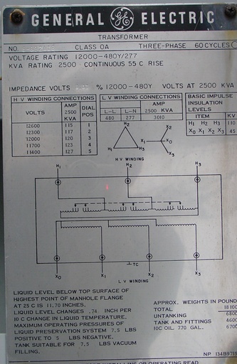 [009100] 2500/2800 KVA, Pri. 12000 D, Sec. 480Y/277, GENERAL ELECTRIC