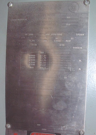 [009272] 300 KVA, Pri. 13800 V, D, Sec. 480 V, Y, 1984, AA, WESTINGHOUSE, 5.70% IMP;-1