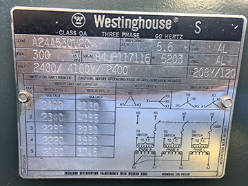 [011209] 300 KVA, Pri. 4160 Y, Sec. 208 Y, OA, WESTINGHOUSE, PADMOUNT, 65*C RISE