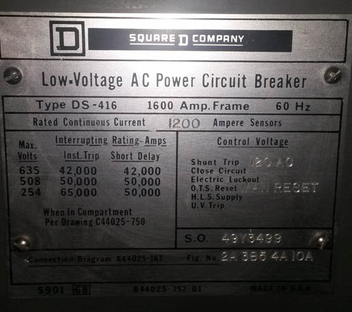 [012032] 1600 Amp, SQUARE D, DS416, 480 V., MAN.OP., STATIONARY MOUNT;-1
