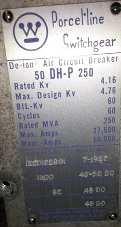 [012038] 1200 Amp, WESTINGHOUSE, 50DHP250, 4160 V., 1967, 60 KV BIL;-1