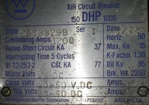 [012269] 1200 Amp, WESTINGHOUSE, 150DHP1000, 15 KV, 48 VDC T&C;-1