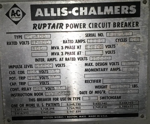 [012436] 1200 Amp, ALLIS CHALMERS, FC 500 SOL., 13.8 KV, 1965, INDOOR SWITCHGEAR;-1