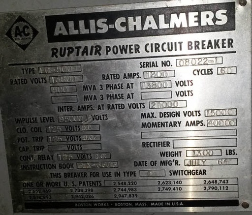 [012438] 1200 Amp, ALLIS CHALMERS, FC-500, 13.8 KV, 1965, INDOOR;-1