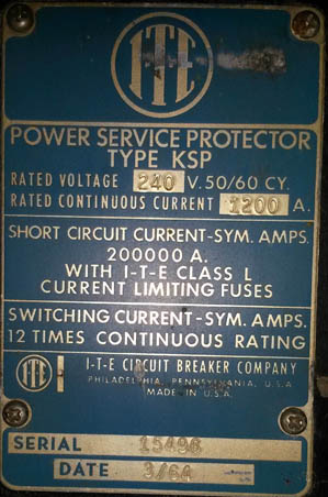 [014854] 1200 Amp, ITE, KSP, 240 V., 1964, ELEC.OP., STATIONARY, 3 POLE;-1
