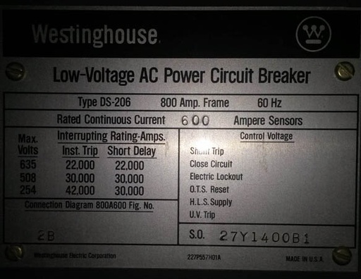 [014996] 800 Amp, WESTINGHOUSE, DS206, 480 V., MAN.OP., INDOOR, DRAWOUT;-1