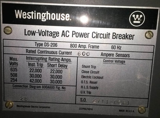 [014998] 800 Amp, WESTINGHOUSE, DS206, 480 V., MAN.OP., DRAWOUT, INDOOR;-1