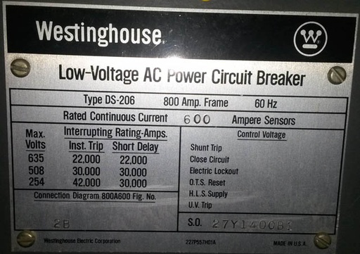 [015003] 800 Amp, WESTINGHOUSE, DS206, 480 V., MAN.OP., DRAWOUT, INDOOR;-1
