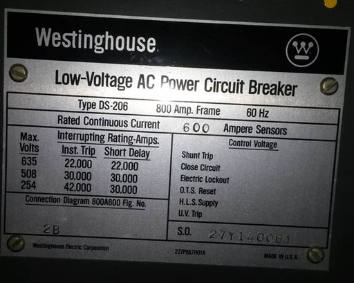 [015016] 800 Amp, WESTINGHOUSE, DS206, 480 V., MAN.OP., DRAWOUT, INDOOR;-1