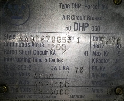 [016130] 1200 Amp, WESTINGHOUSE, 50DHP350, 4200 V., INDOOR;-1